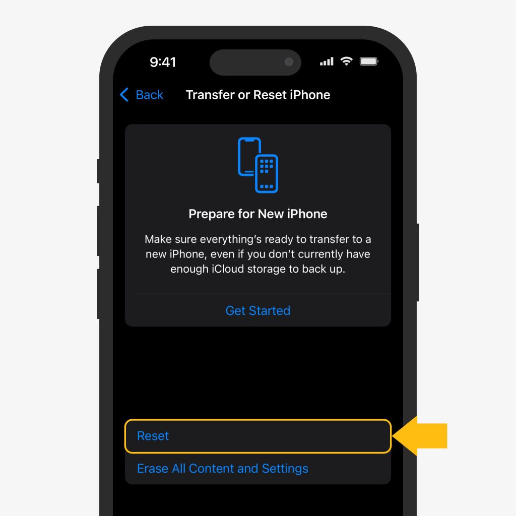 Transfer or Reset iPhone screen on an iPhone with the "Reset" option highlighted